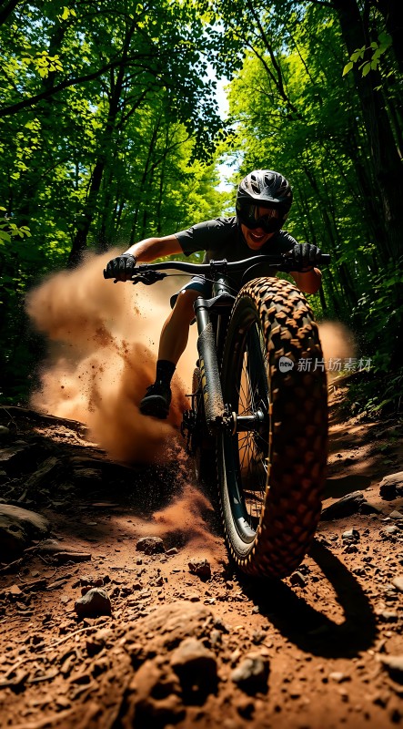 骑行者穿越森林小径扬起尘土飞扬