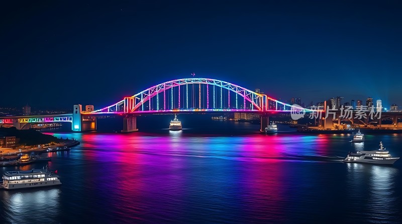 彩灯辉映下的跨江大桥夜景