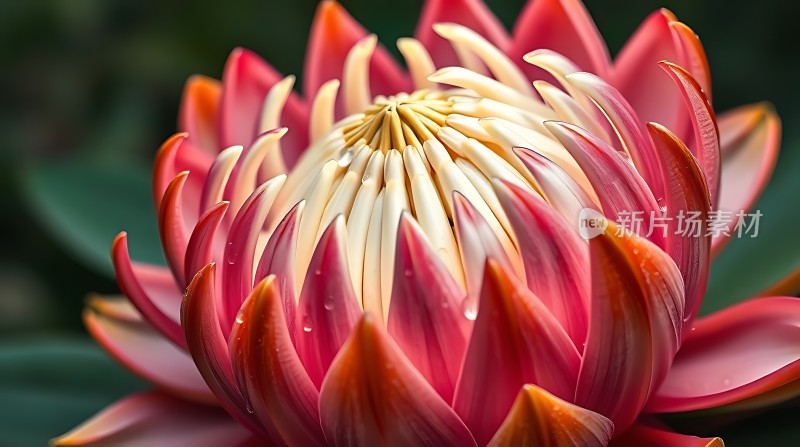 红白相间莲花绽放花瓣上晶莹水珠点缀