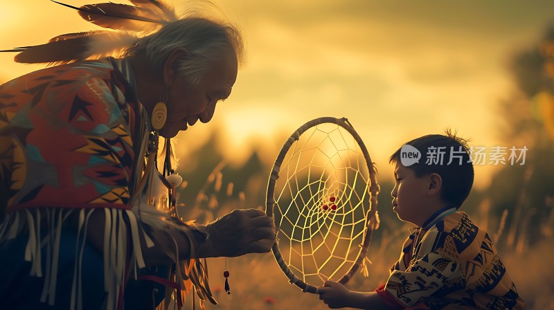 祖孙共赏捕梦网日落