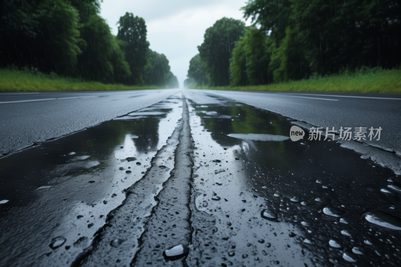 人行道上铺着水坑树木扫射道路高清图片