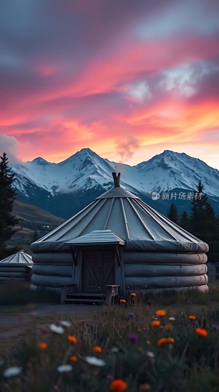 日落下的雪山蒙古包
