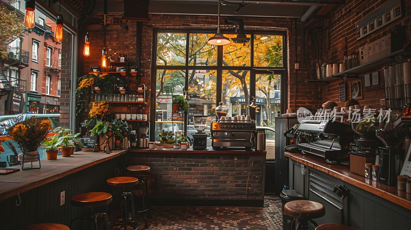 温馨咖啡馆砖墙绿植咖啡机