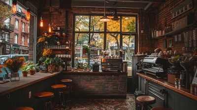 温馨咖啡馆砖墙绿植咖啡机 温馨咖啡馆砖墙绿植咖啡机