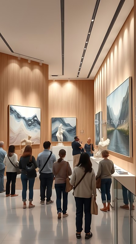 艺术馆内参观者欣赏画作与雕塑