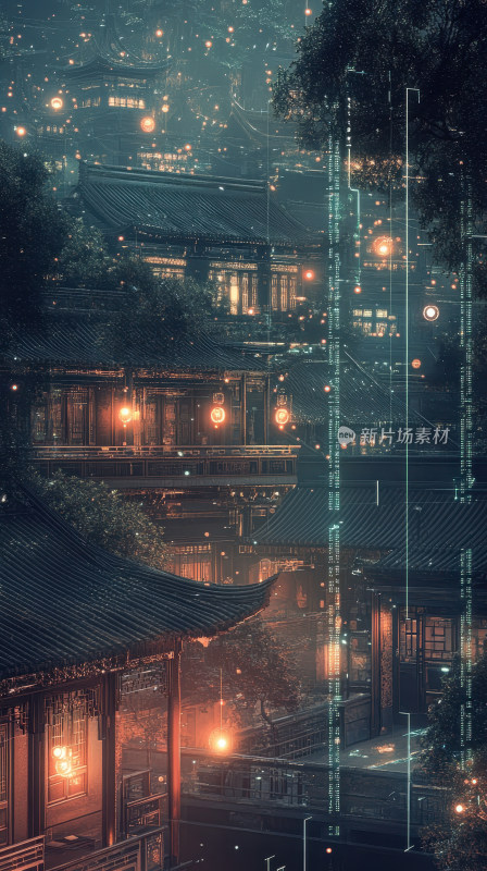 传统建筑被灯光照亮雾蒙蒙夜景