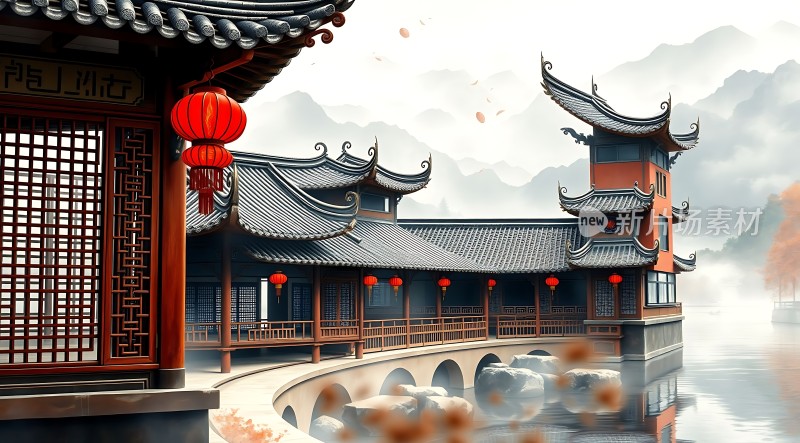 古风建筑山水画