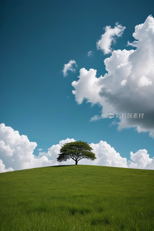 一片青草如茵小山上一棵孤独树碧霄天空风景