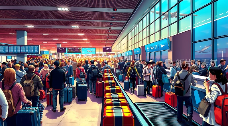 机场繁忙景象旅客排队办理登机手续