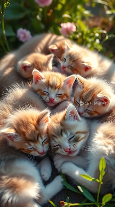 阳光下的橘猫小奶猫温馨依偎