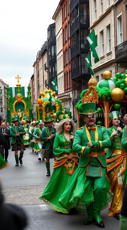 绿色狂欢节游行华丽服饰与节日气氛浓厚