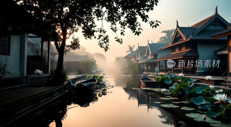 晨雾中的水乡风光