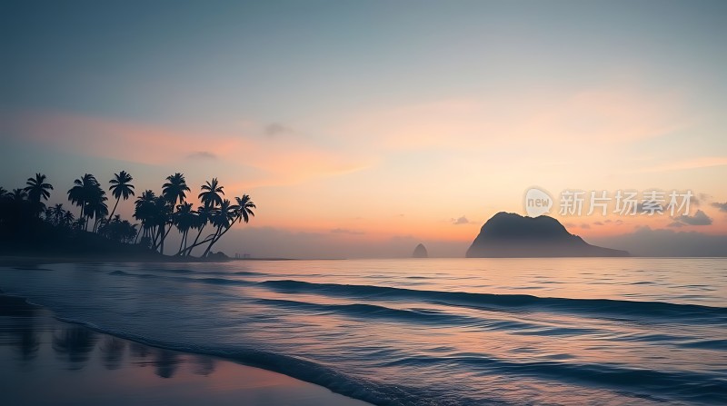 椰林晚霞映碧波