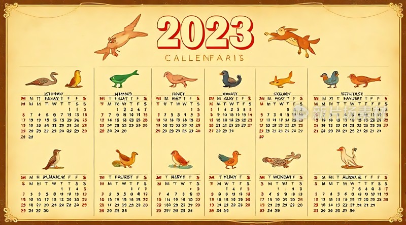 2023年日历可爱鸟类与月份完美结合