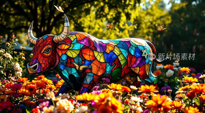 彩色玻璃牛与花海