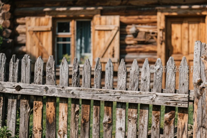 木质栅栏与老木屋风景