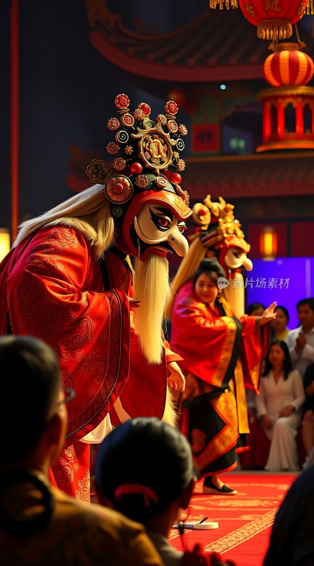 传统面具舞者表演色彩鲜艳观众围观