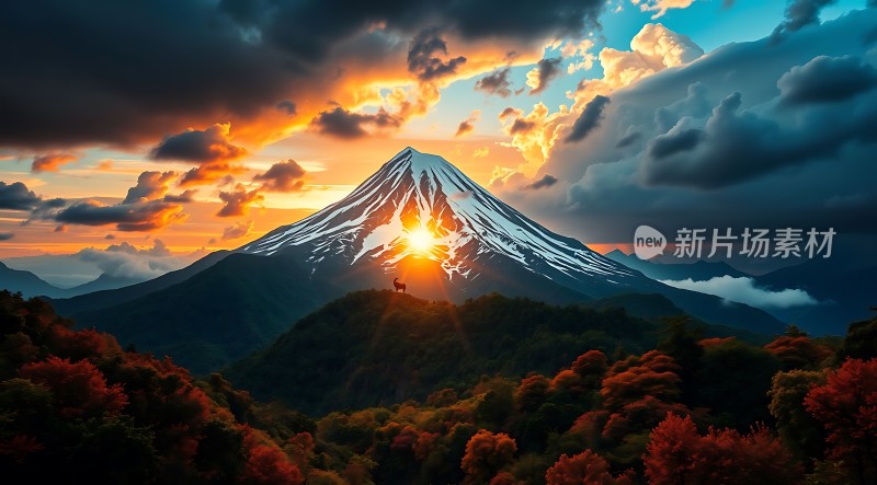 日出富士山秋林映霞光