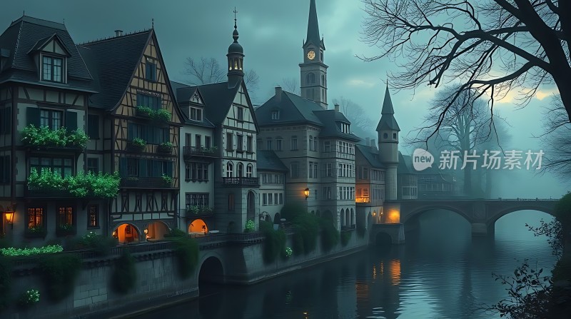 夜幕下的欧洲小镇