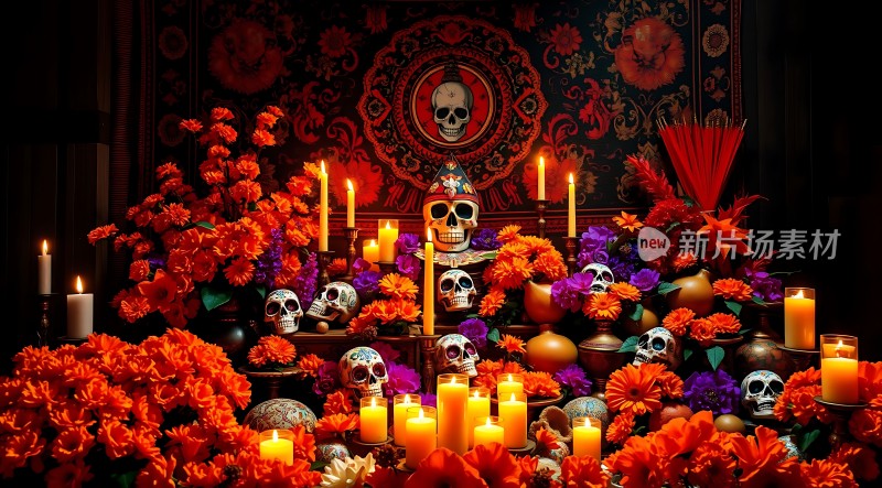 万圣节祭坛骷髅与蜡烛的神秘之夜