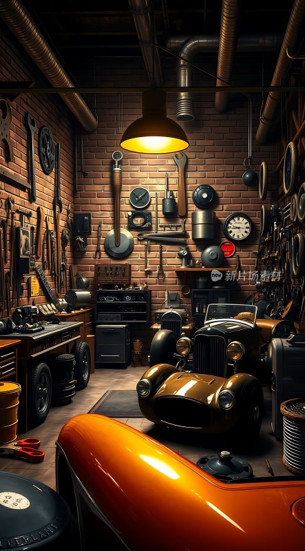 复古车库里的经典汽车与工具