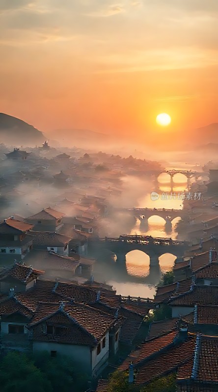 晨曦中的古镇美景