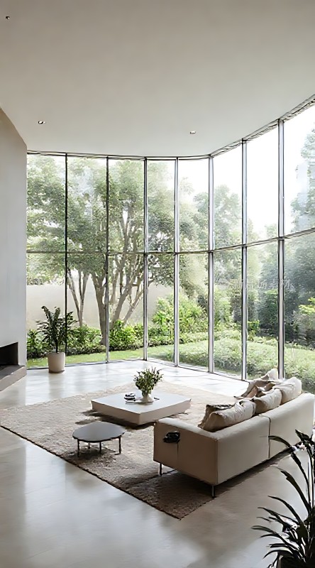 现代简约客厅大落地窗绿意盎然舒适沙发宁静生活