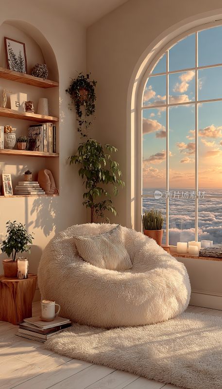 窗边舒适的毛绒豆袋椅角落