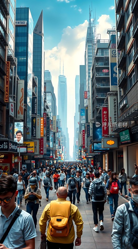繁华都市街头人群熙攘高楼林立广告牌琳琅满目