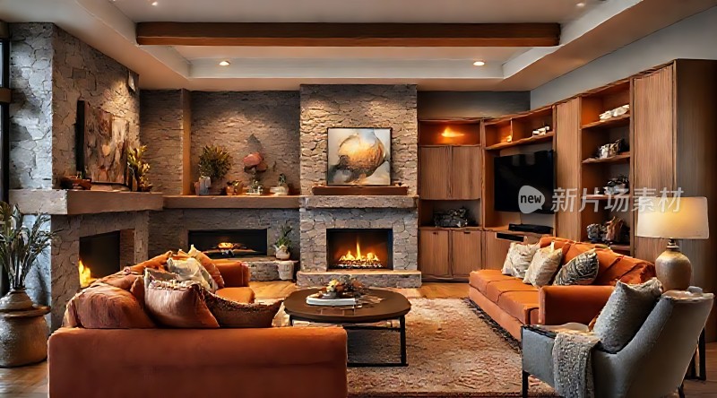 温馨壁炉客厅舒适沙发与装饰品点缀