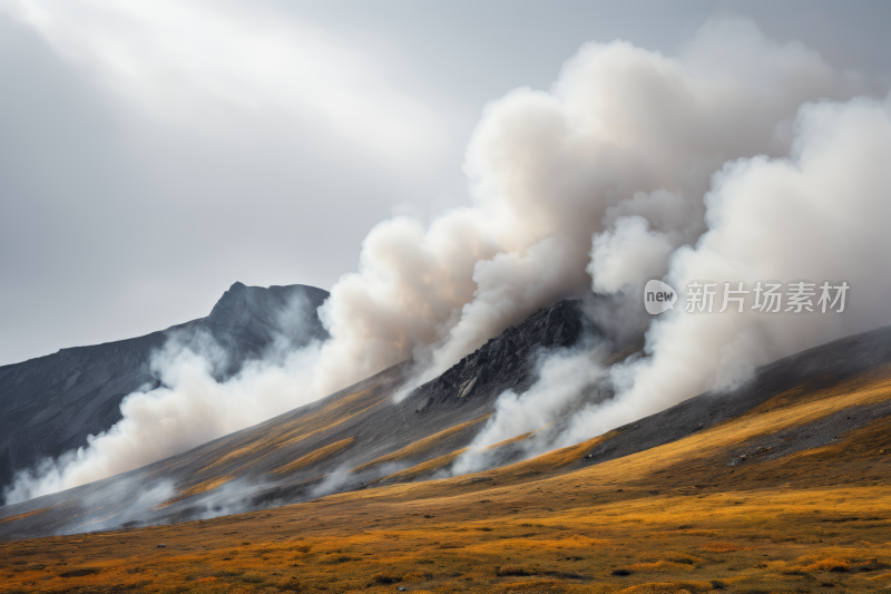 阴天山上冒出滚滚浓烟高清风景图片