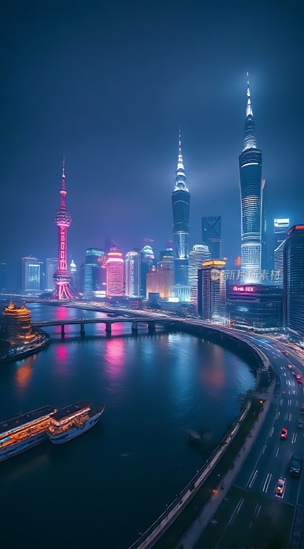 上海夜景黄浦江畔繁华都市