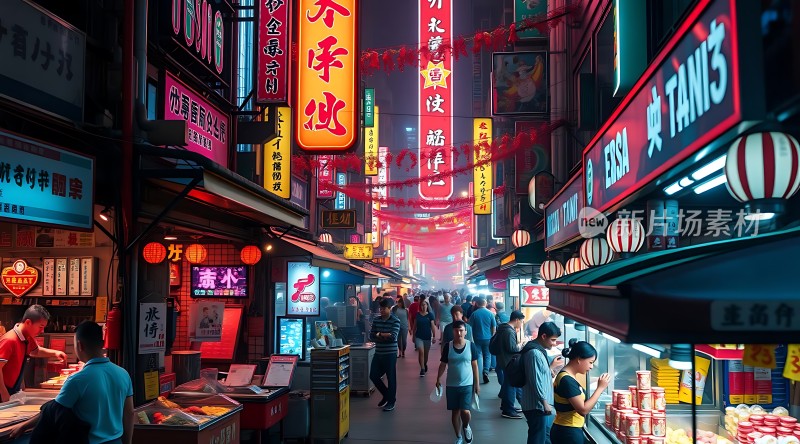 繁华夜市霓虹闪烁热闹非凡