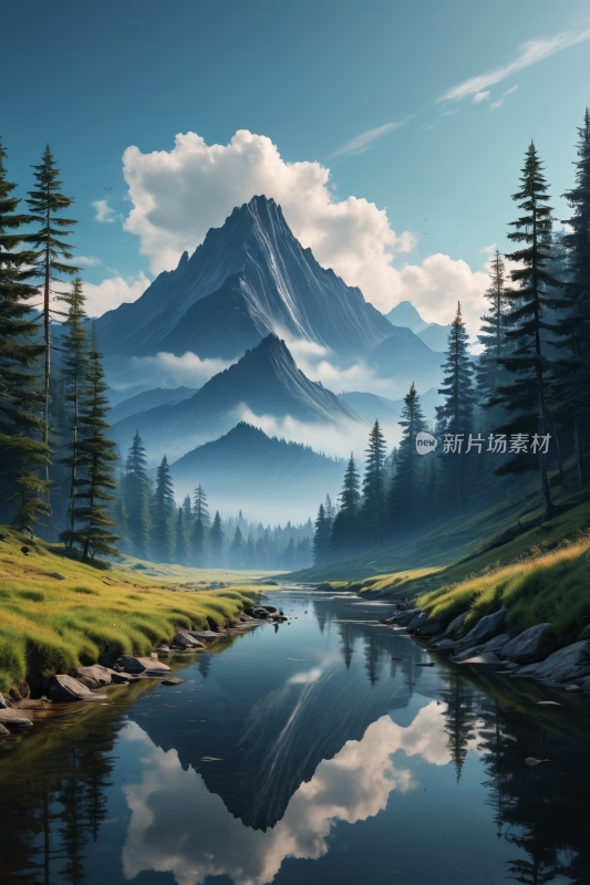 山和树倒映一条仍然流动的溪流中风景插图片