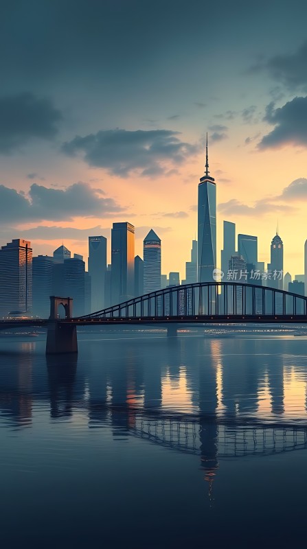 黄浦江畔摩天大楼与桥梁日落美景