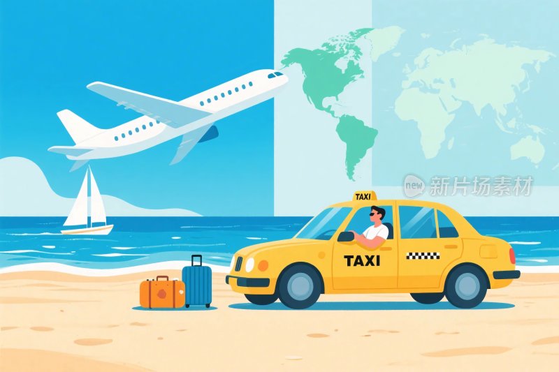 海边出租车与飞机插画