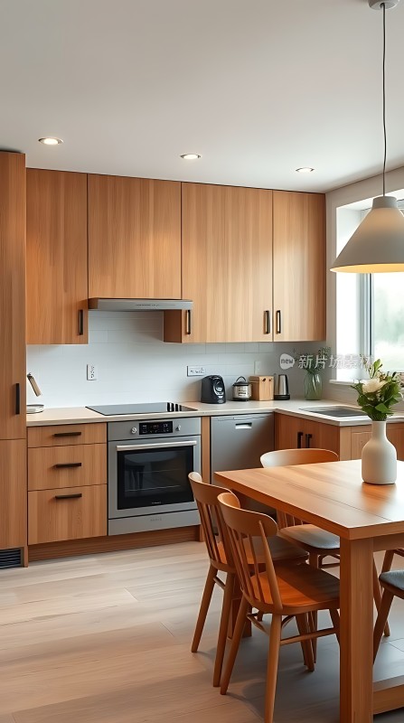 现代厨房设计木质橱柜与餐桌椅搭配简约时尚