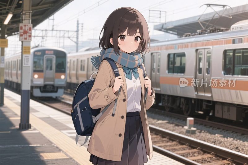 火车站台动漫少女插画
