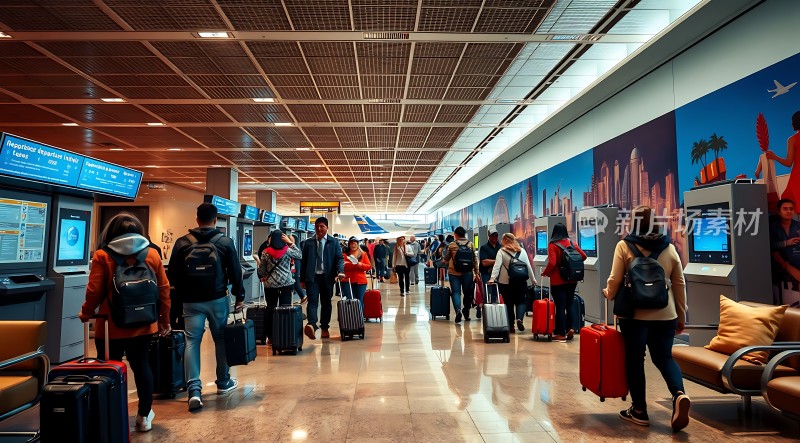 繁忙机场候机大厅旅客拖着行李箱排队等待登机