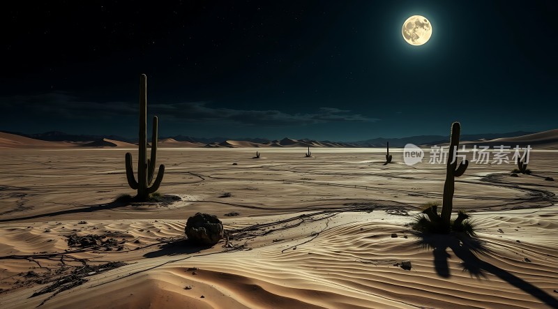 沙漠之夜月照沙丘仙人掌影