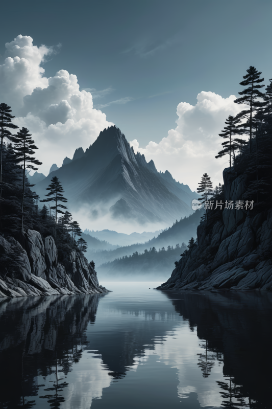 一座山脉前景是湖泊和树木高清风景插图片