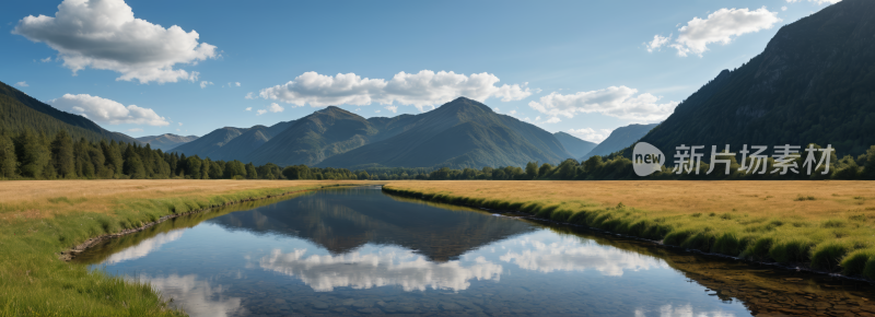 一条小溪流过一片田野山脉高清风景横幅图片