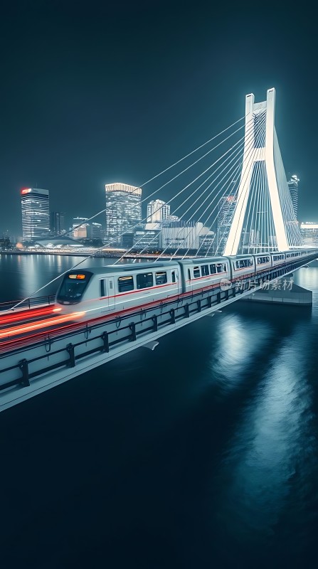 城市夜景下的现代列车穿越跨江大桥