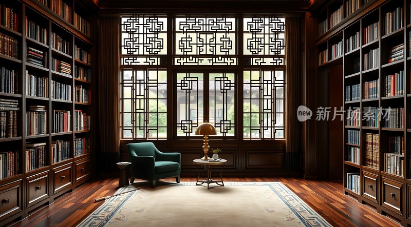 书架环绕的书房绿椅旁有桌灯