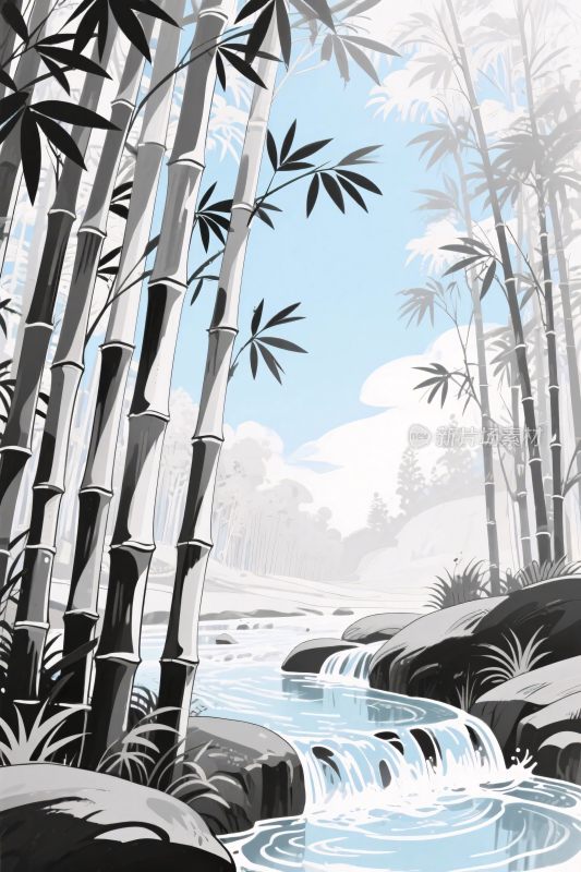 竹林山水风景插画