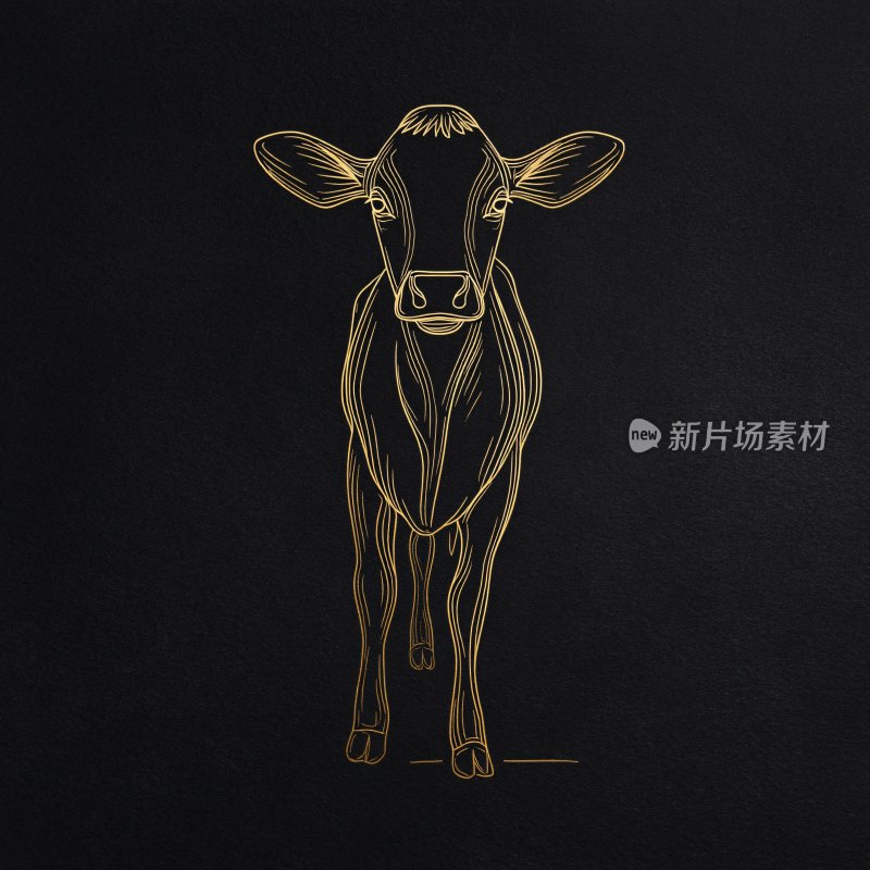 金色线条勾勒的站立牛插画