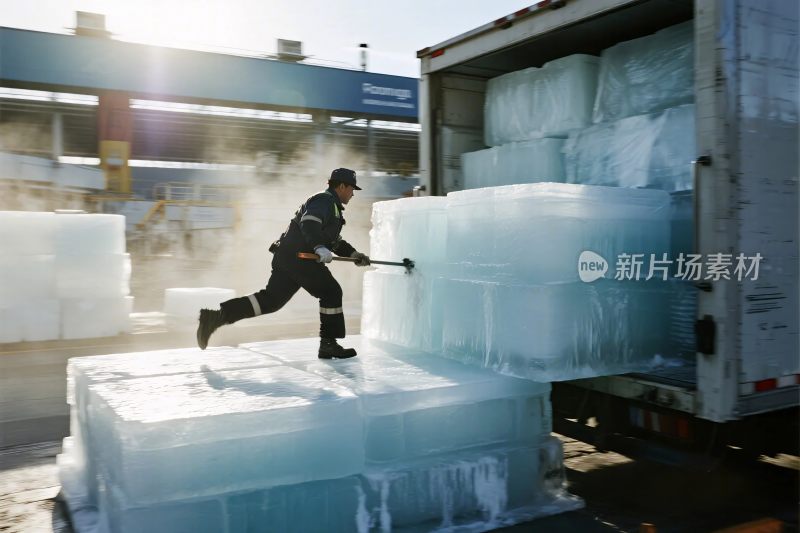 工人搬运冰块场景