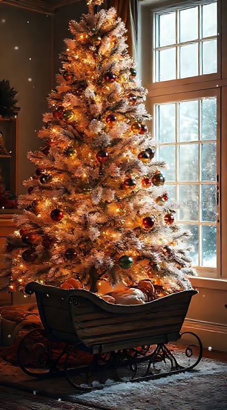 温馨圣诞树下的雪橇