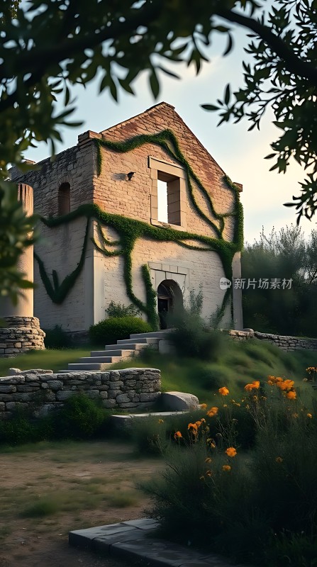 藤蔓缠绕的古老石屋宁静而神秘