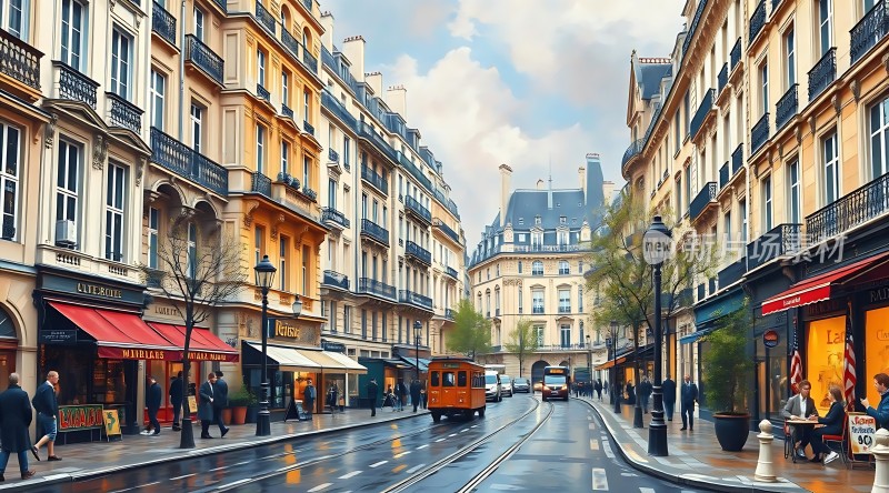 巴黎街头风光复古电车与欧式建筑
